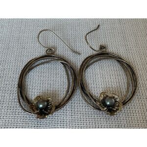 PZ 925 Israel Sterling Silver Pearl Flower Circle Dangle Earrings Vintage
